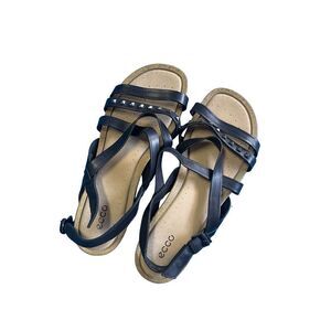 Ecco Womens Black & Tan Open Toe Leather Studs Strappy Flat Sandal Size 41